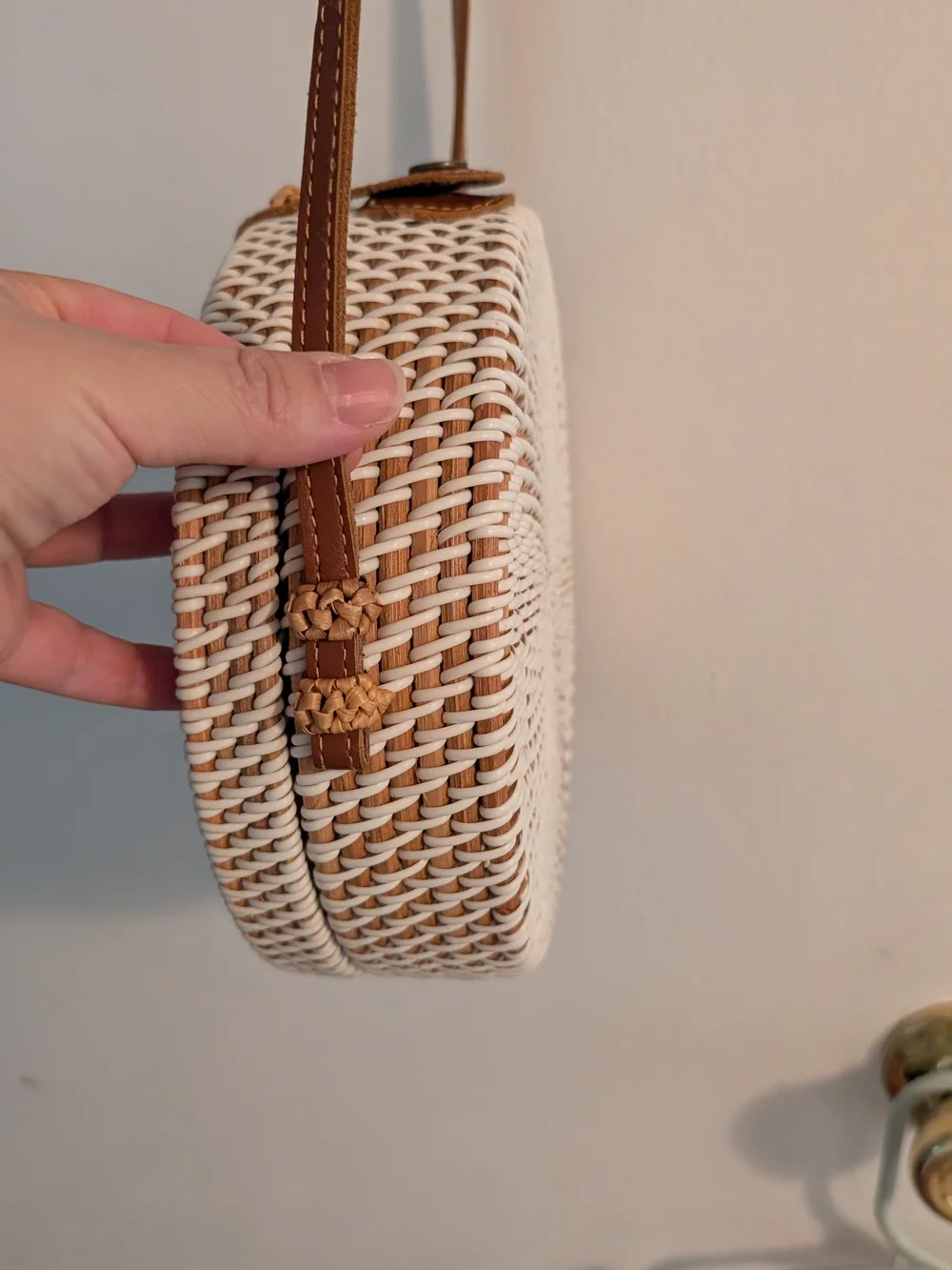 Woven Round Crossbody Bag in White with Tan Strap
